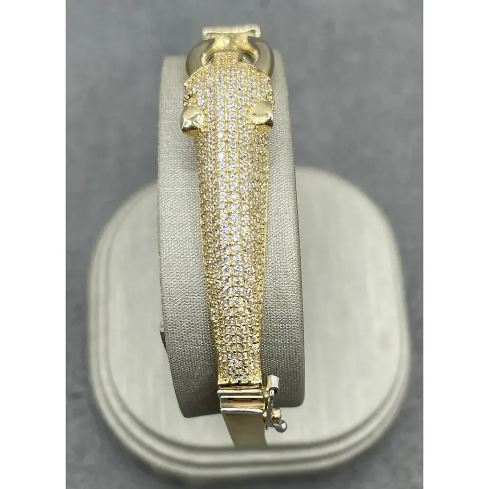 14K Yellow Gold Panther W/ Green Eyes Bangle Style Bracelet (22065)